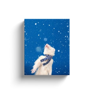 Funny Ferret Wall Art Print, Animals In Snow Photography, Winter Weasel Canvas Art, White Ferret Photo Print, Whimsical Holiday Prints