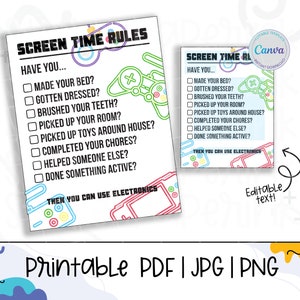 Screen Time Rules for Kids, Printable Editable video game screen time, Screen Time Rules Editable, Screen Time Checklist, Instant Download