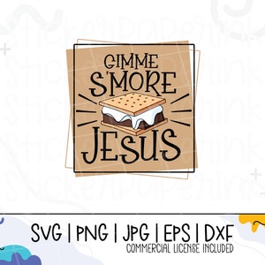 Może przedstawiać: Grafika cyfrowa z s'more i tekstem "Gimme S'more Jesus" w kwadratowym wzorze. S'more jest brązowy, biały i beżowy. Poniżej typy plików: SVG, PNG, JPG, EPS i DXF.