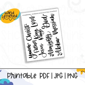 bible journaling printable, names of God printable file, stickers for bible journaling, hand lettered bible words, print ready pdf
