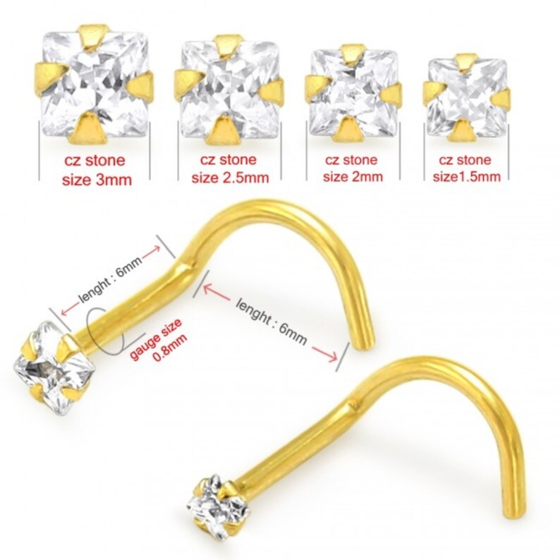 14K Carat Genuine Yellow Gold Nose Screw Square Gem Cubic Zirconia 20g