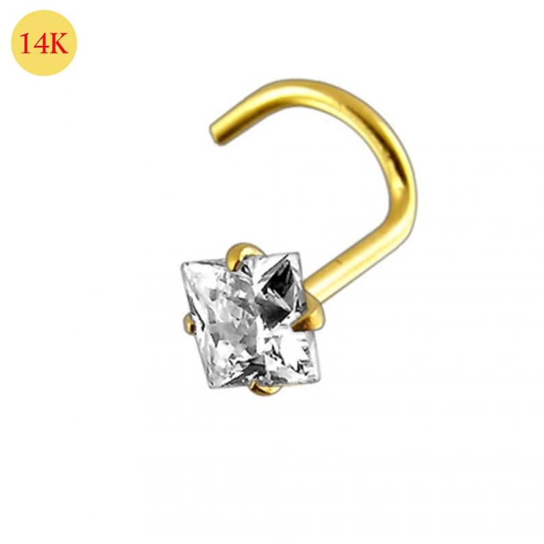 14K Carat Genuine Yellow Gold Nose Screw Square Gem Cubic Zirconia 20g