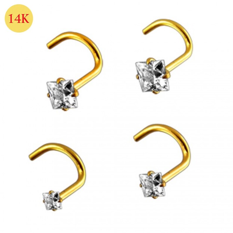 14K Carat Genuine Yellow Gold Nose Screw Square Gem Cubic Zirconia 20g