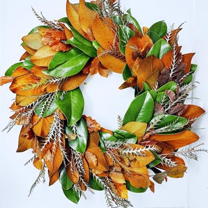 Magnolia, Grevillea & Copper Beech Fall Wreath – Handmade Autumn Door Wreath, Thanksgiving Decor, Rustic Seasonal Greenery, farmhouse wreath