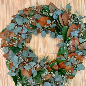 Freshly Harvested Magnolia and Seeded Eucalyptus Wreath