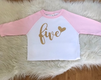 Girls 5th Birthday Outfit - FIVE Birthday Shirt - 5th Birthday - Sparkly Gold Glitter - Girls Fifth Birthday - Gold 5th Birthday - Glitter