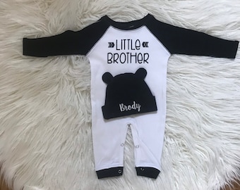 Little brother romper newborn boy coming home outfit baby boy romper baby boy outfit baby newborn hat with name personalized baby boy