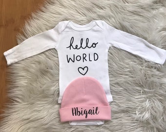Baby girl coming home outfit newborn girl coming home outfit baby girl clothes HELLO WORLD personalized newborn outfit baby girl outfits