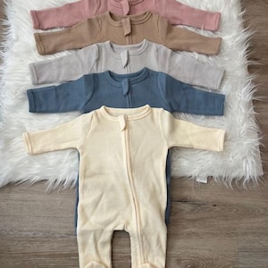 Ekologisk bomullssparkdräkt för nyfödda, våffelmönstrad, 95% bomull, 5% spandex, könsneutral, gåva, dragkedja, fot, enfärgad, långärmad pyjamas, dubbel dragkedja