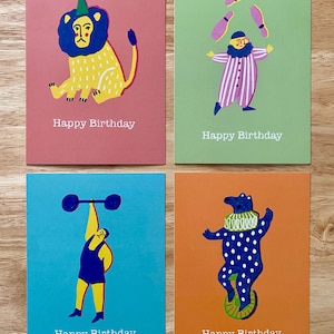 Lot de 4 cartes postales illustrées d'anniversaire de cirque avec enveloppes