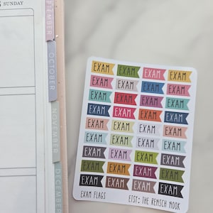 May include: A sheet of colorful exam flag stickers with the word "EXAM" on each. The stickers are in various colors, including pink, blue, green, and orange. The text "EXAM FLAGS" and "ETSY: THE RENSCH NOOK" are also visible.
