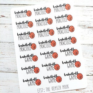 May include: A sheet of stickers with a basketball graphic and the text "basketball practice" or "basketball game".