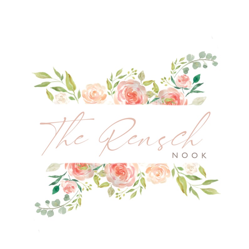 May include: Watercolor floral logo with the text "The Rensch Nook" in a delicate script font. The design features pink and peach roses, green leaves, and a white background, creating a soft and elegant aesthetic.