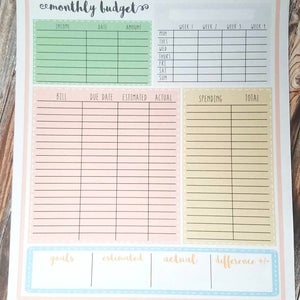 May include: A printable monthly budget sheet with sections for income, bills, spending, and goals. The sheet is divided into four sections with different colored backgrounds: green, pink, yellow, and blue.