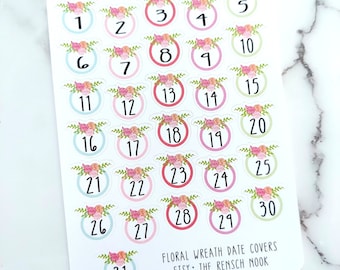 Floral Wreath Date Covers Planner Stickers - DC0016 - Gift for her - Daily Planner - Happy Planner - Summer - Mothers day gift