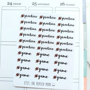May include: A sheet of white planner stickers with brown footballs and black text. The text reads "practice" and "game". The stickers are for a planner or calendar.