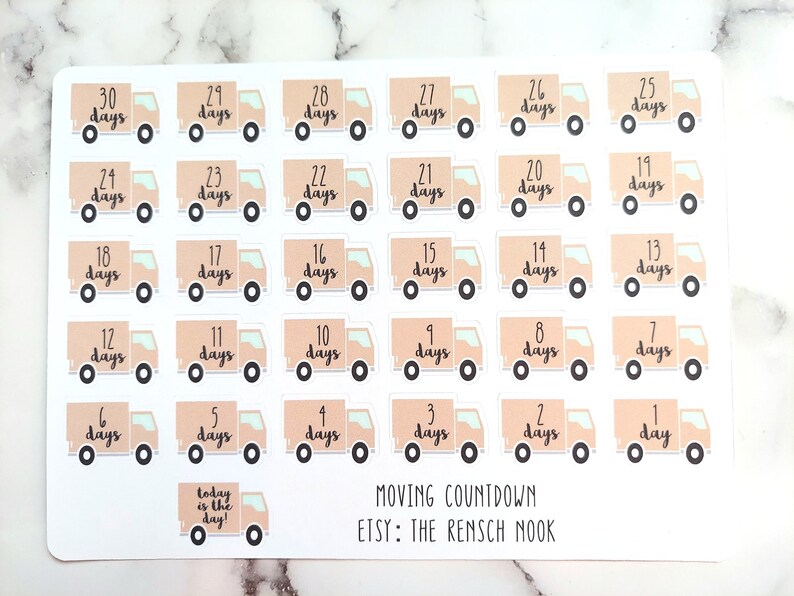 May include: A set of 30 moving countdown stickers featuring a cartoon truck design. Each sticker has a number from 1 to 30, with the text "days" below the number. The last sticker says "Today is the day!"