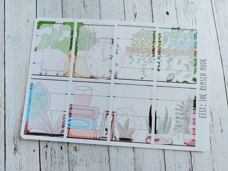May include: A set of 9 clear planner stickers featuring a white wood plank background with various illustrations of plants, a clock, books, and a globe. The text "ETSY: THE RENSCH NOOK" is printed on the right side of the sticker sheet.