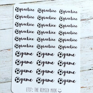 May include: A sticker sheet with black text and soccer ball graphics. The words "practice" and "game" are repeated multiple times. The text "ETSY: THE RENSCH NOOK" is at the bottom. The stickers are on a white background.