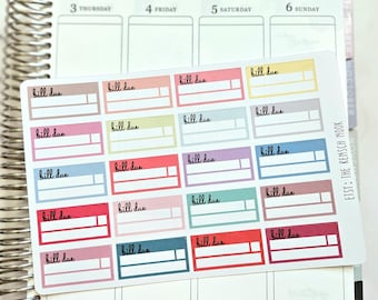 May include: A sheet of colorful bill due stickers with a blank space to write in the due date. The stickers are in various colors including pink, blue, yellow, and green.