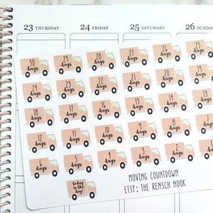 May include: A sheet of 30 moving countdown stickers featuring a cartoon truck design. Each sticker has a number from 1 to 30, representing the number of days until the move. The stickers are beige with black outlines and a light green accent. The text "Moving Countdown" and "Etsy: The Rensch Nook" is printed at the bottom of the sheet.