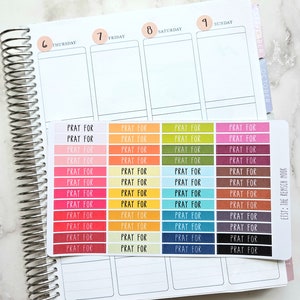May include: A sheet of colorful stickers with the text "Pray For" repeated on each sticker. The stickers are arranged in rows of four, with each row featuring a different color.