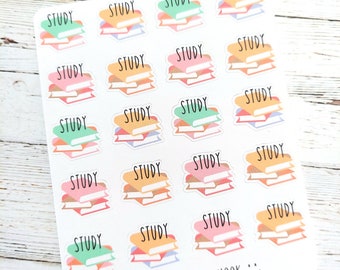 May include: A sheet of 16 colorful stickers featuring a stack of books with the word "STUDY" on each sticker. The stickers are arranged in a grid pattern. The text "ETSY: THE RENSCH NOOK" is at the bottom of the sheet.