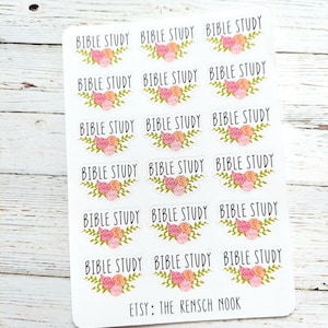 May include: Sheet of stickers with the text "BIBLE STUDY" in black, each decorated with a floral design in pink, peach, and green. The stickers are arranged on a white background. The Etsy shop name "THE RENSCH NOOK" is at the bottom.