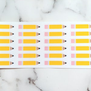 May include: A sheet of pencil stickers. Each sticker features a yellow pencil with a pink eraser and a brown tip. The stickers are arranged in rows and columns on a white background. Text on the right side reads "ETSY: THE RENSCH NOOK".