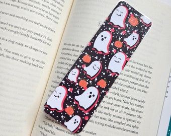 Cute Ghost Laminated Bookmark | Halloween Bookmark | Hand Drawn Ghost & Pumpkin Bookmark | Spooky Reading Accessory | Book Lover Gift