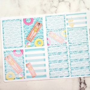 May include: A sheet of planner stickers with a summer pool theme. The stickers feature a blue and white water pattern, a woman in a swimsuit floating on a pool float, and a yellow and pink pool float. The text "Etsy: The Rensch Nook" is printed on the sticker sheet.