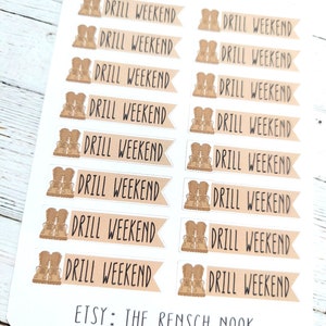 May include: A sheet of 16 brown and white stickers with a pair of brown boots and the text "DRILL WEEKEND" on each sticker. The text is in black. The stickers are arranged in four rows of four stickers each. The text "ETSY: THE RENSCH NOOK" is printed in black at the bottom of the sheet.