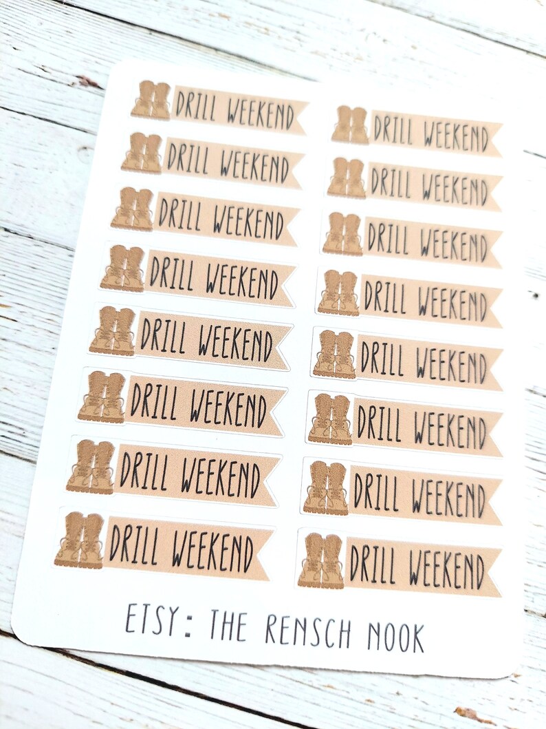 May include: A sheet of 16 brown and white stickers with a pair of brown boots and the text "DRILL WEEKEND" on each sticker. The text is in black. The stickers are arranged in four rows of four stickers each. The text "ETSY: THE RENSCH NOOK" is printed in black at the bottom of the sheet.