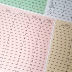 May include: A printable monthly budget tracker with sections for income, bills, spending, and a weekly breakdown. The tracker is designed with a pastel color scheme and includes sections for estimated and actual expenses.