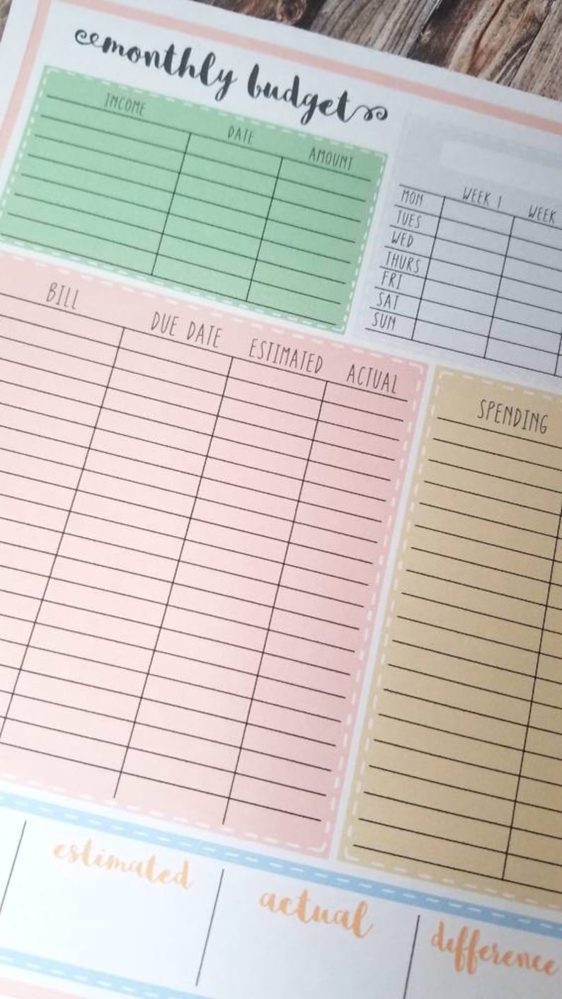 May include: A printable monthly budget tracker with sections for income, bills, spending, and a weekly breakdown. The tracker is designed with a pastel color scheme and includes sections for estimated and actual expenses.