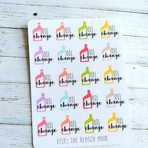 May include: A sheet of colorful stickers featuring oil bottles with the words "OIL CHANGE" in black. The bottles are in various colors, including pink, orange, green, and yellow. The text "ETSY: THE RENSCH NOOK" is at the bottom.