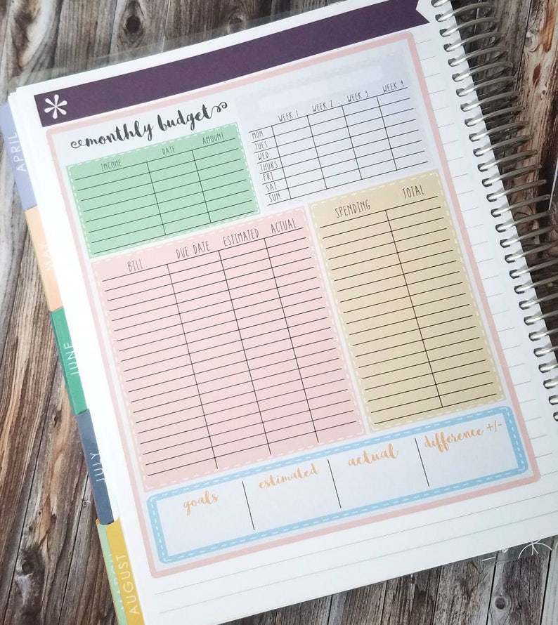 May include: A monthly budget planner with sections for income, bills, spending, and goals. The planner has a pink, green, and yellow color scheme and is divided into sections for each month of the year.