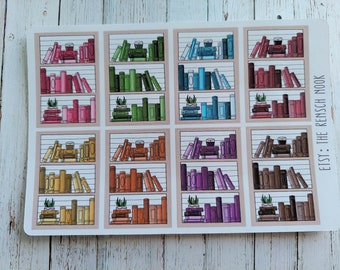 May include: A sheet of 24 colorful book-themed stickers. Each sticker features a bookshelf with different colored books and a small plant on the bottom shelf. The text "Etsy: The Rensch Nook" is printed on the right side of the sheet.