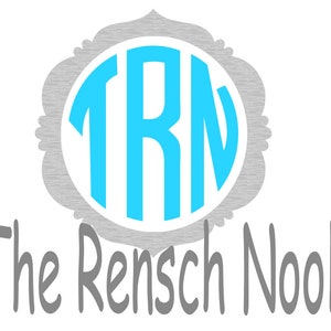 May include: A gray and white monogram with the letters "TRN" in a light blue circle. The text "The Rensch Nook" is below the monogram.
