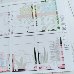 May include: A set of clear planner stickers featuring various potted plants and a clock. The stickers are designed to be used in a planner or journal. The text "Etsy - The Rensch Nook" is visible in the bottom right corner.