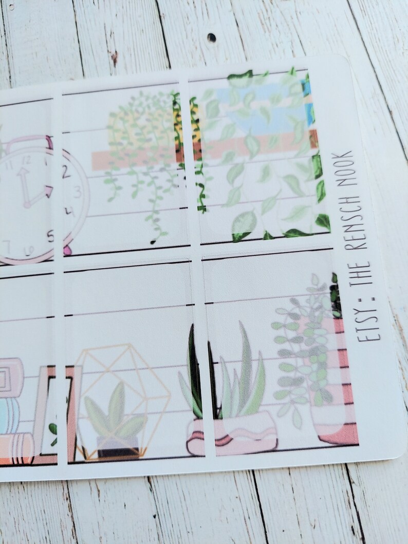 May include: A set of clear planner stickers featuring various potted plants and a clock. The stickers are designed to be used in a planner or journal. The text "Etsy - The Rensch Nook" is visible in the bottom right corner.
