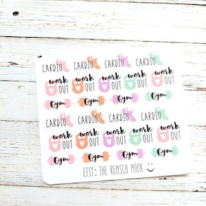 May include: A sheet of fitness-themed stickers with the words "Cardio", "Work Out", and "Gym". The stickers feature images of running shoes, kettlebells, and barbells in various pastel colors. The text "ETSY: THE RENSCH NOOK" is at the bottom.