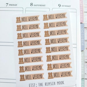 May include: A sheet of 12 brown and white stickers with the text "Drill Weekend" and a pair of brown boots. The text "Etsy: The Rensch Nook" is at the bottom of the sheet.