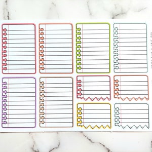 May include: A set of 8 colorful printable planner stickers featuring lined paper with a spiral binding. The stickers are designed to look like notebook paper and are perfect for adding notes, lists, or reminders to your planner.