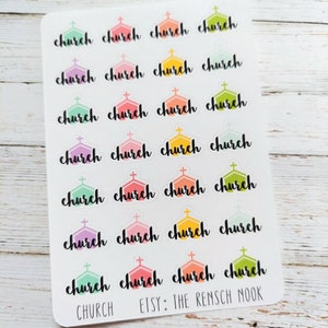 May include: A sheet of stickers featuring colorful church illustrations with the word "church" in a handwritten font. The stickers have a white background and are arranged in rows and columns. The text "CHURCH ETSY: THE RENSCH NOOK" is at the bottom.