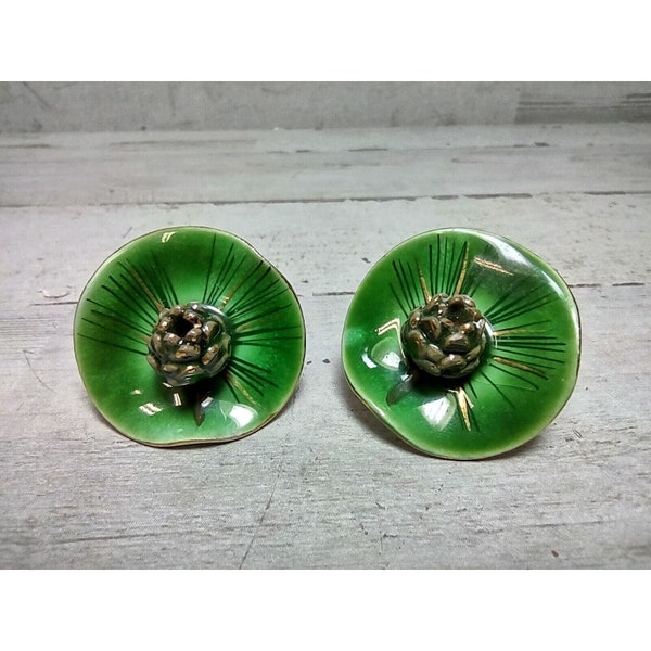 Vintage Hand Painted Porcelain Lily Pad Green & Gold Screw Back Earrings 1 1/8"