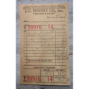 Vintage JC Penney Handwritten Sales Receipt Ephemera Cash Purchase Saving 1937