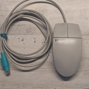 May include: A light gray Hewlett Packard computer mouse with two buttons and a scroll wheel. The device features a long, coiled gray cable that terminates in a teal-colored PS/2 connector. The Hewlett Packard logo is printed on the top surface.
