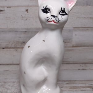 Vintage MCM Hand Painted Porcelain White Cat with Gold Starbursts Kitschy 7 1/2"
