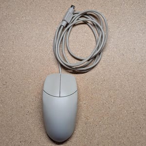 May include: A light gray computer mouse with a smooth, rounded shell and two primary buttons. The device features an attached, coiled gray cable that terminates in a round PS/2 connector plug, providing a wired connection for desktop computers.
